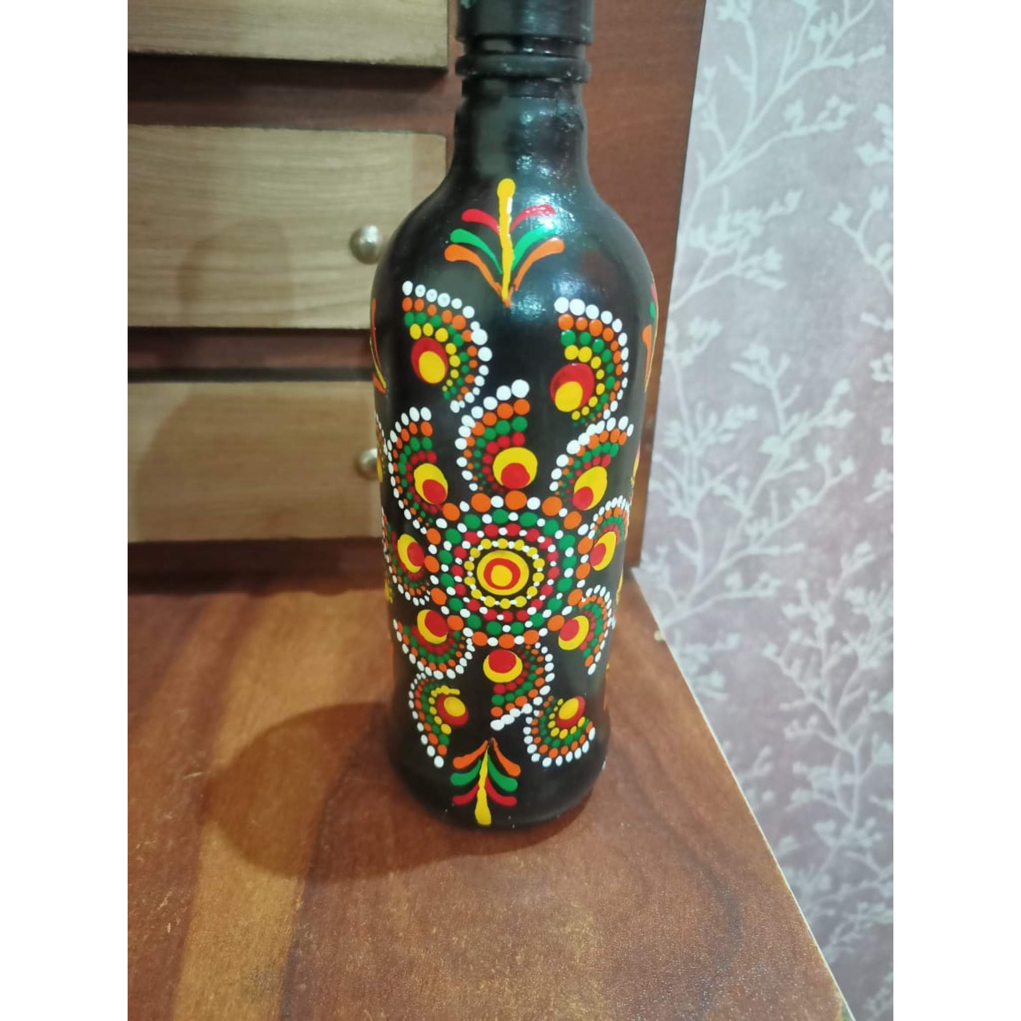 Hand Painted Decorative Bottle (Glossy black) – Embroidery Art Style