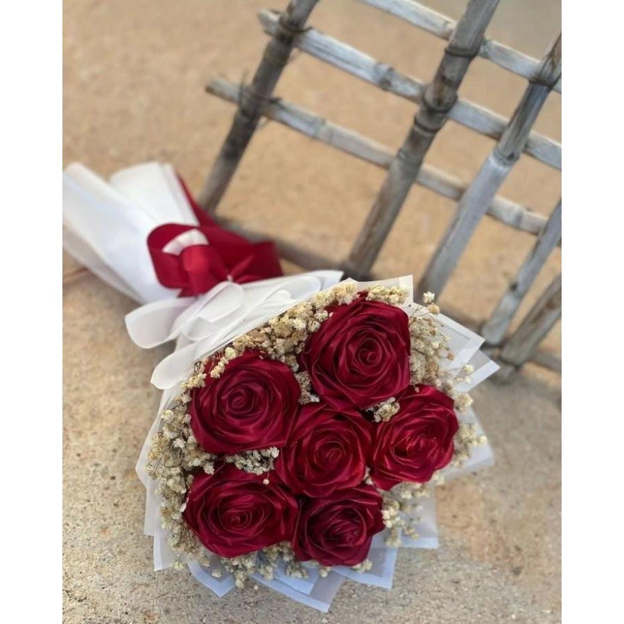Handmade Red Ribbon 6 Rose Flower Bouquet