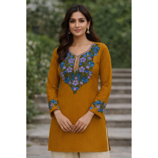 Mukhtalif Aari Embroidered Kashmiri Pheran Dark Yellow Kurti with Blue Design