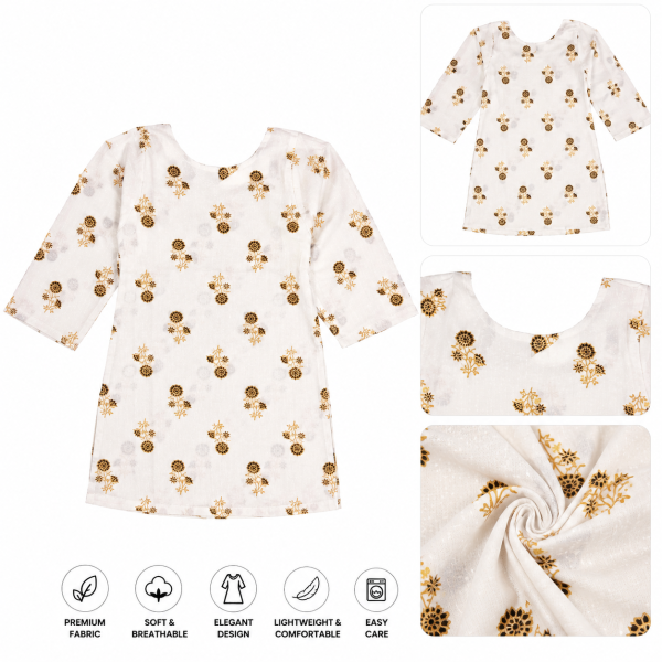 Women's White Floral Printed Cotton Top | Round Neck | 3/4 Sleeves | Casual & Everyday Wear